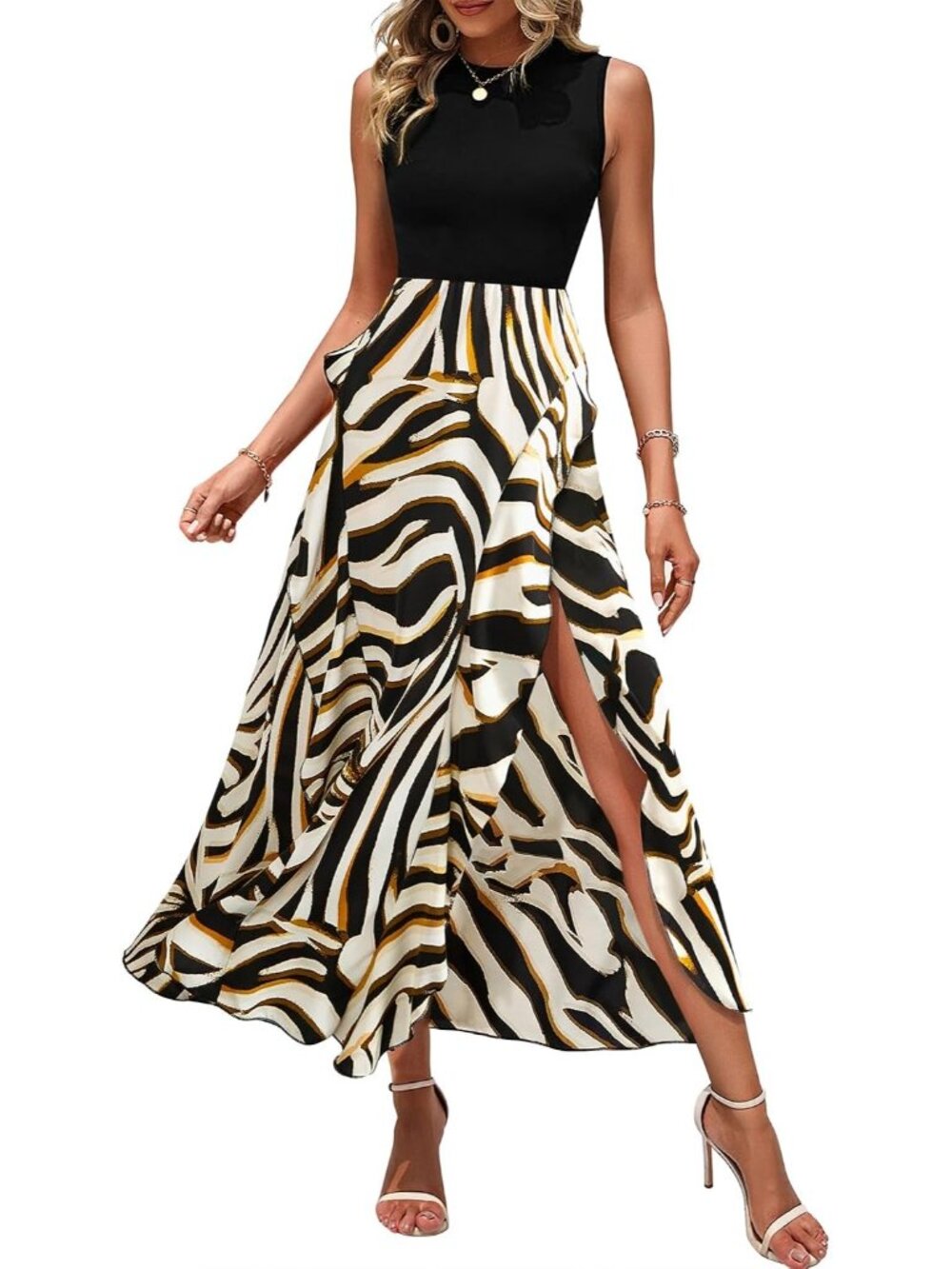 〽️Striped Womens Ruffle Midi Dress Sleeveless Crew Neck High Waist A Line Summer